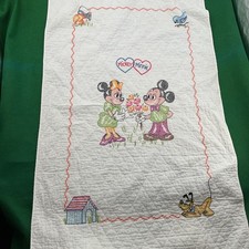 Vintage Disney Hand Embroidered Quilt Mickey Minnie Pluto 1970s Crib 35x57