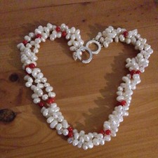 3 Row White Freshwater Pearl &  Red Coral Gem Bead Necklace.