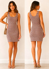Sanctuary Women’s S Beige Purple Chevron Scoop Neck Strappy Knit Bodycon Mini