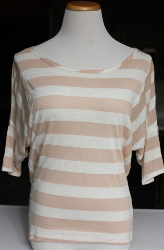 EUC Edge Brand White/Dark Peach Stripe Short Dolman Sleeve Knit Top Sz L