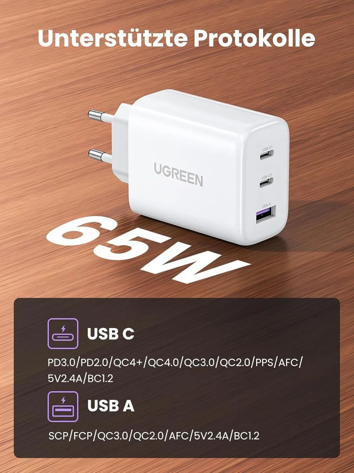 UGREEN USB C Ladegerät 65W 3-Port USB-C Netzteil PPS Schnellladegerät PD Charger - Bild 3 von 4