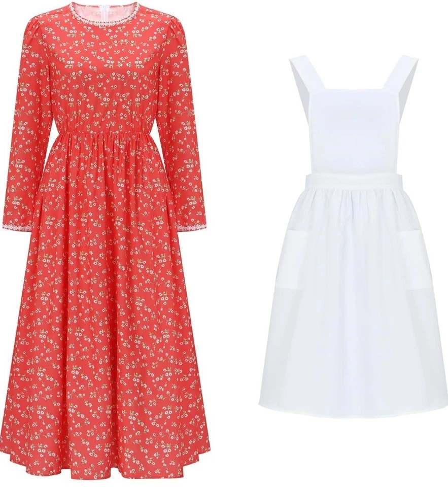 Women Pioneer Costume Floral Dress With Apron & Hat (Large) - Image 4 of 4