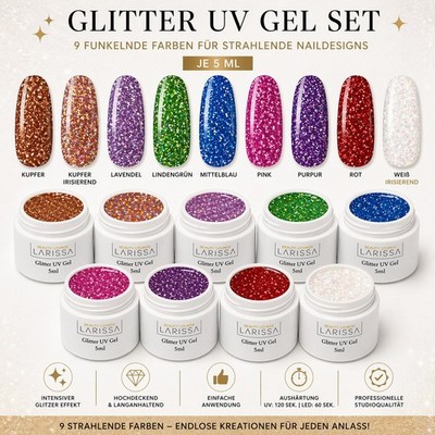 Glitter UV Farbgel Set aus 9 Farben   Hochdeckend, Glitzer Nailart für Gelnägel