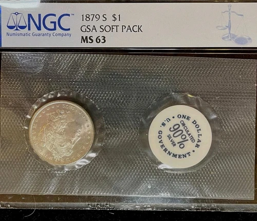 1879-S GSA Softpack! NGC MS63 Morgan Silver Dollar. Complete With OGP