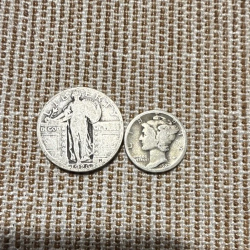 Standing Liberty Quarter 1926 & Mercury Dime 1927-D Silver US Coin Lot
