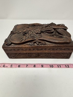 Vintage Hand Carved Wooden Dragon Box - Chinese Treasure Jewelry Keepsake Box