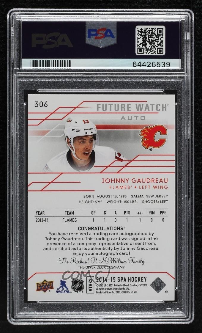 2014 SP Authentic Future Watch 135/999 Johnny Gaudreau PSA 10 GEM MT Rookie Auto view 2