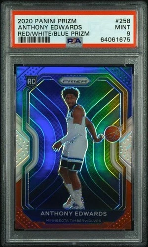 2020 PANINI PRIZM #258 ANTHONY EDWARDS RED/WHITE/BLUE PRIZM RC PSA MINT 9
