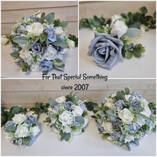 Wedding bouquet flowers buttonholes corsage flower girl wand grey blue greenery