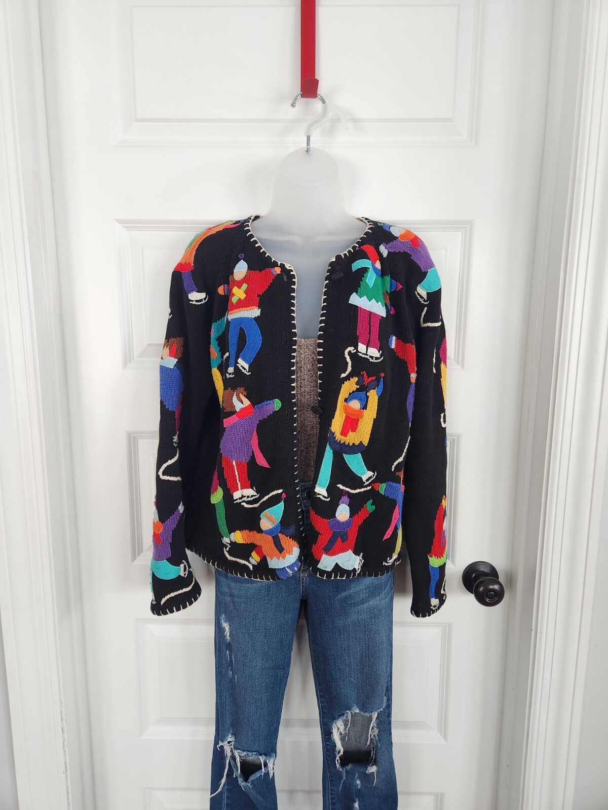 Vintage 90s Belle Pointe Small Ice Skater Textured Knit Winter Cardigan Sweater