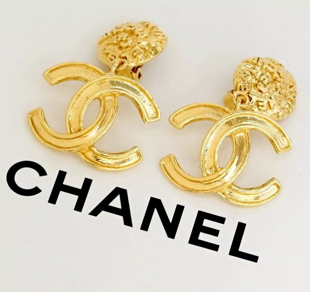 CHANEL CC Logos Dangle Earrings Gold Tone Vintage 95A w BOX