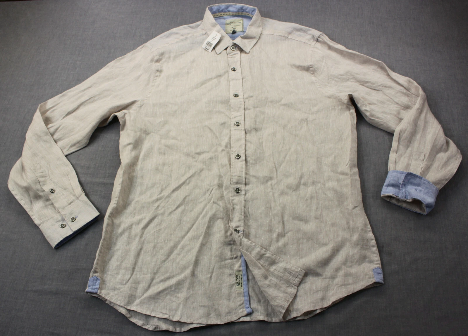 Heritage Mens Sand Beige 100% Linen Contrasting Cuff LS Button Shirt NWT XL $98