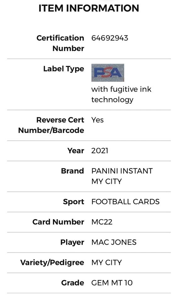 2021 PANINI INSTANT MAC JONES ROOKIE MY CITY 1/1130 SP PATRIOTS #MC22 RC PSA 10 - Image 4 of 4