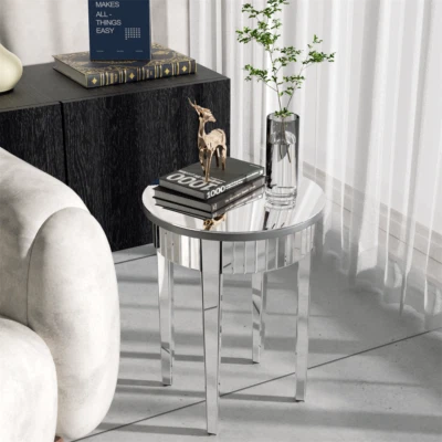 Modern Glass Mirrored Round Coffee Table Accent Side Table Italian Silver Tables