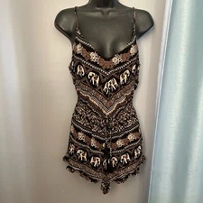 Becool Brown and tan elephant print romper with adjustable spaghetti straps,