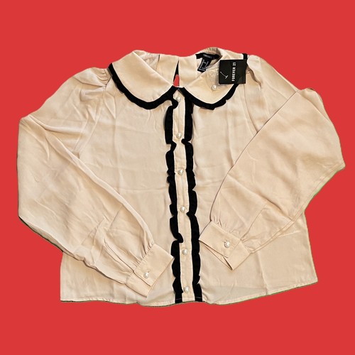 FOREVER 21 Womens FANCY DRESS Blouse SMALL BEIGE w BLACK TRIM Long Sleeve
