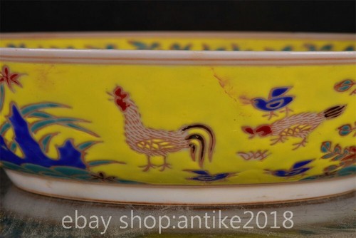 9.2" Old Chinese Yellow Glaze Porcelain Dynasty Feng shui Rooster Cock Plate - Picture 6 of 9