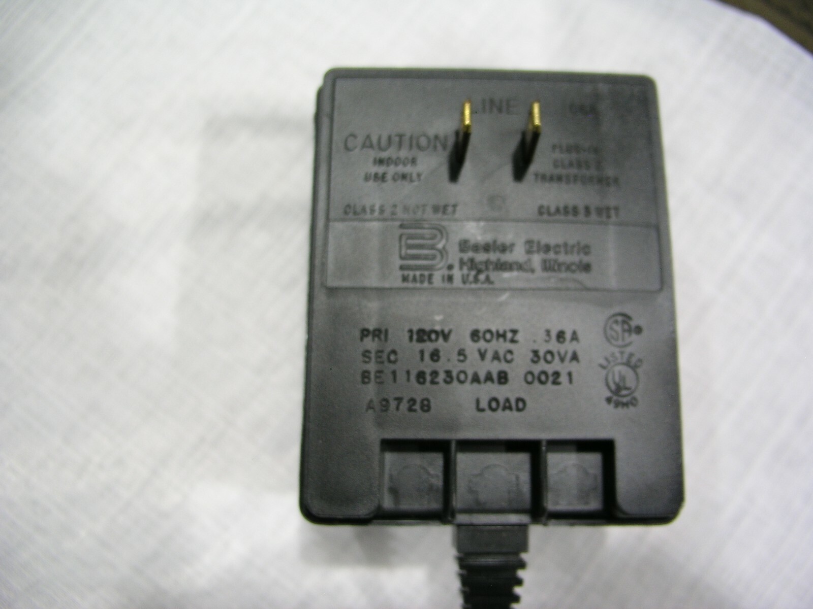 16.5VAC 30VA PlugIn Power Supply Transformer w/cable Basler Electric