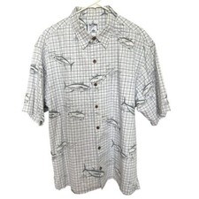 Guy Harvey Aftco Bluewater Shirt Men's Large Button-Up Hawaiian Fish Plaid Beige
