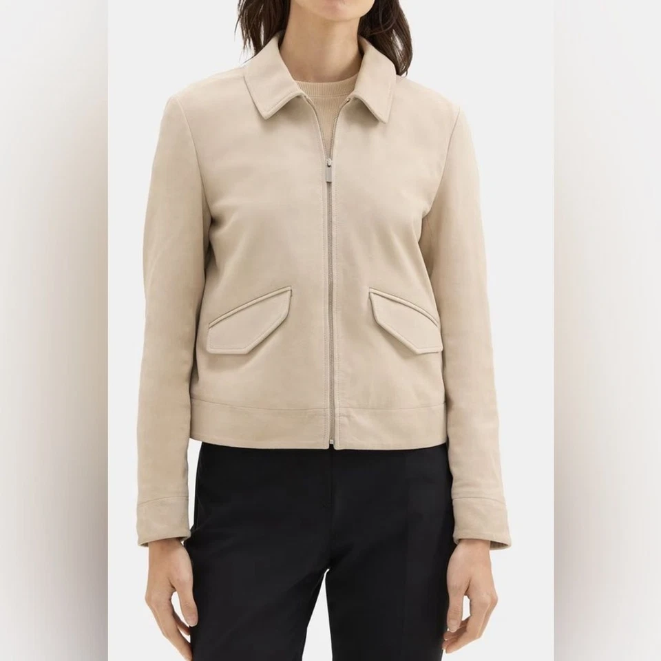 PVP US$795 Theory Mujer Chaqueta Corta Cremallera en Gamuza Arena Nueva con Etiquetas Foto 2 de 4