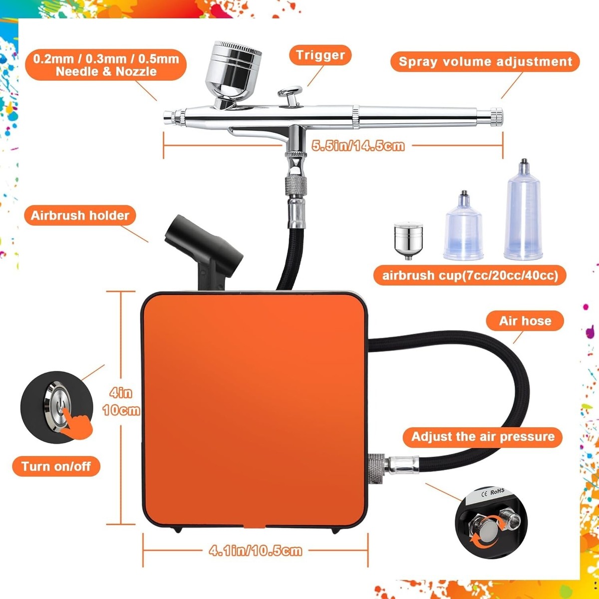 Mini Airbrush Kit with Air Compressor,40 PSI w/0.2/0.3/0.5mm