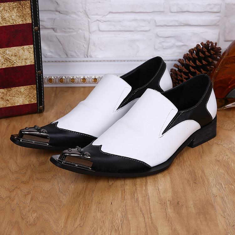 SAOLA Men's Metal Pointy Toe Dress Business Black White Pull On Wedding Shoes Fashion
