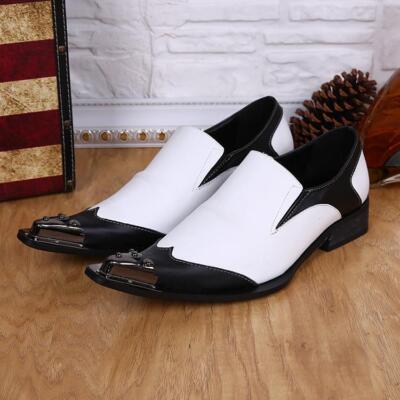 Men's Metal Pointy Toe Dress Black White slip On Wedding Business Shoes 
