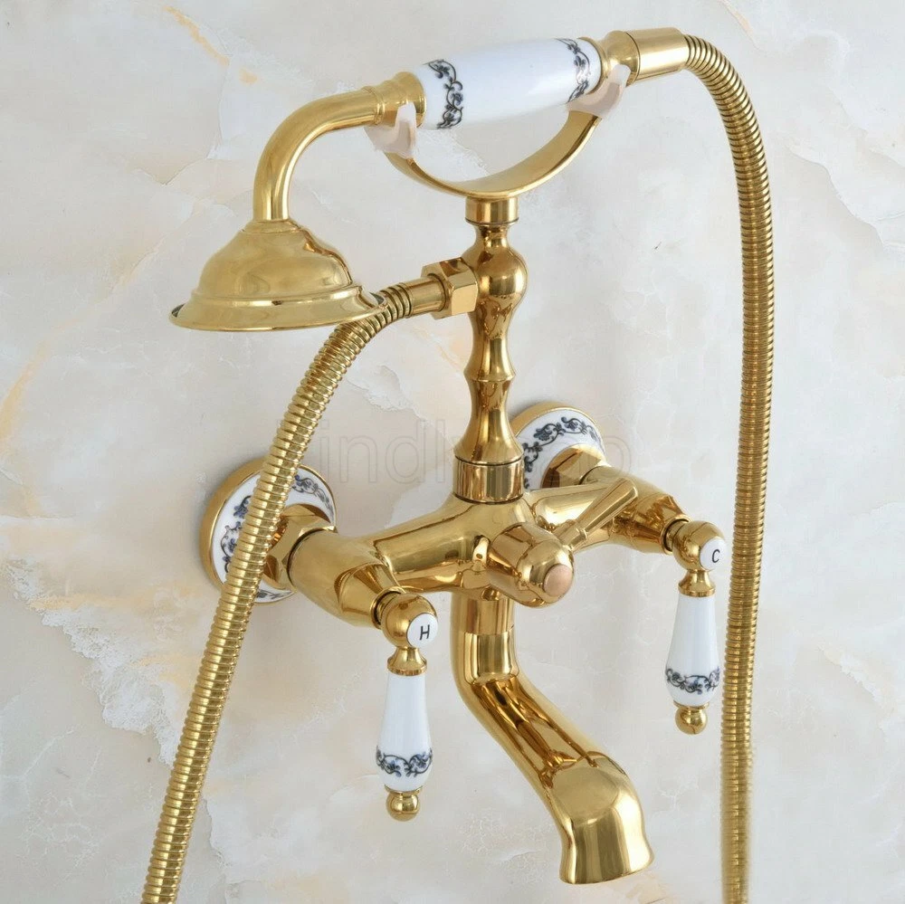 Luxury Polished Gold Wall Mounted Clawfoot Bath Tub Faucet with Hand Shower
