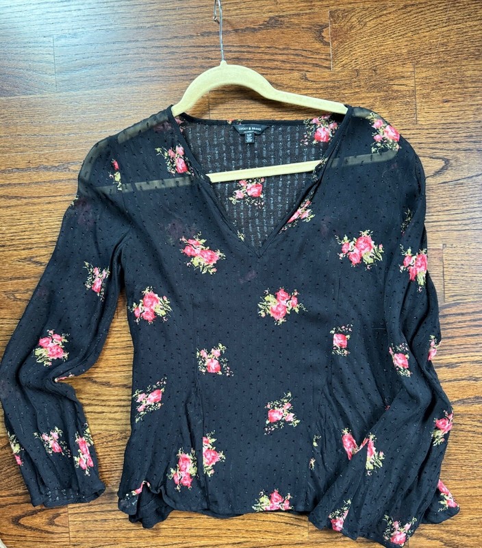 NWOT Lucky Brand Black Sheer Floral Print Top Sz S Built-in Camisole
