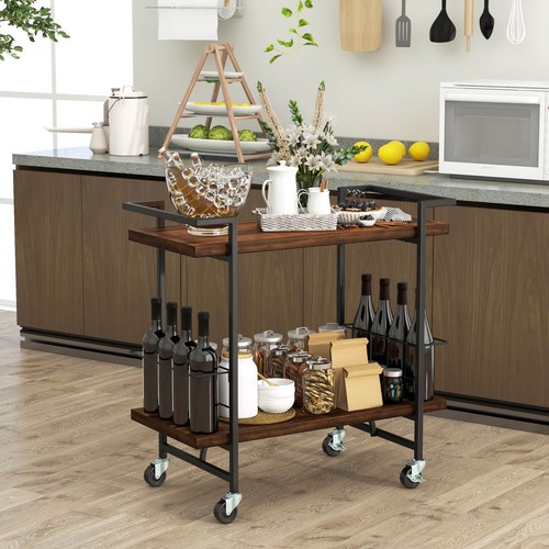 2-tier Home Bar Cart Home Bar Cart w/ Lockable Wheels & Anti-fall Guardrail - Picture 3 of 9