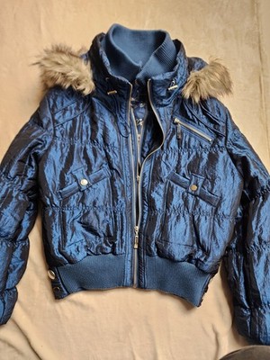 Rare Vintage Y2K Giacca Metallic Blue Coat Fur Lined Hood 2000s XL