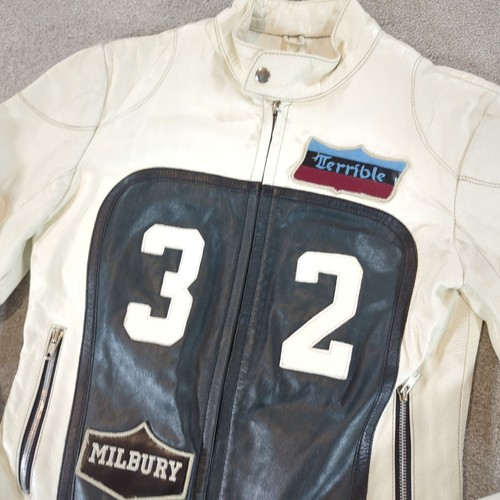 Real Leather Jacket Womens 12 White Biker Bomber Cafe Racer Motorcycle Patch - Picture 6 of 12