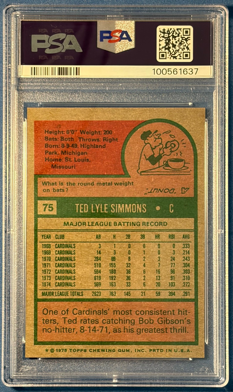 VINTAGE 1975 Topps #75 TED SIMMONS [HOF] PSA 6 EX/MT [WELL CENTERED!!]🔥🔥🔥 view 3