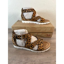 Sofft Mirabel Tan Leopard Women's Size 7.5 EU 38.5 Strappy Flat Sandal NEW