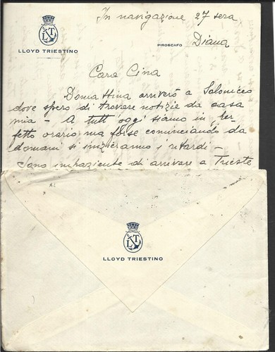 1927 GRIECHENLAND BRIEF VON LLOYD TRIESTINO DAMPFSCHIFF DIANA NACH TRIEST ITALIEN