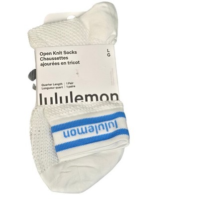 Lululemon Open Knit Socks Quarter Length White Pool Blue Stripe Large NWT