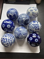 8 Porcelain Asian Orbs Balls Blue and White  3” Floral Decorative 