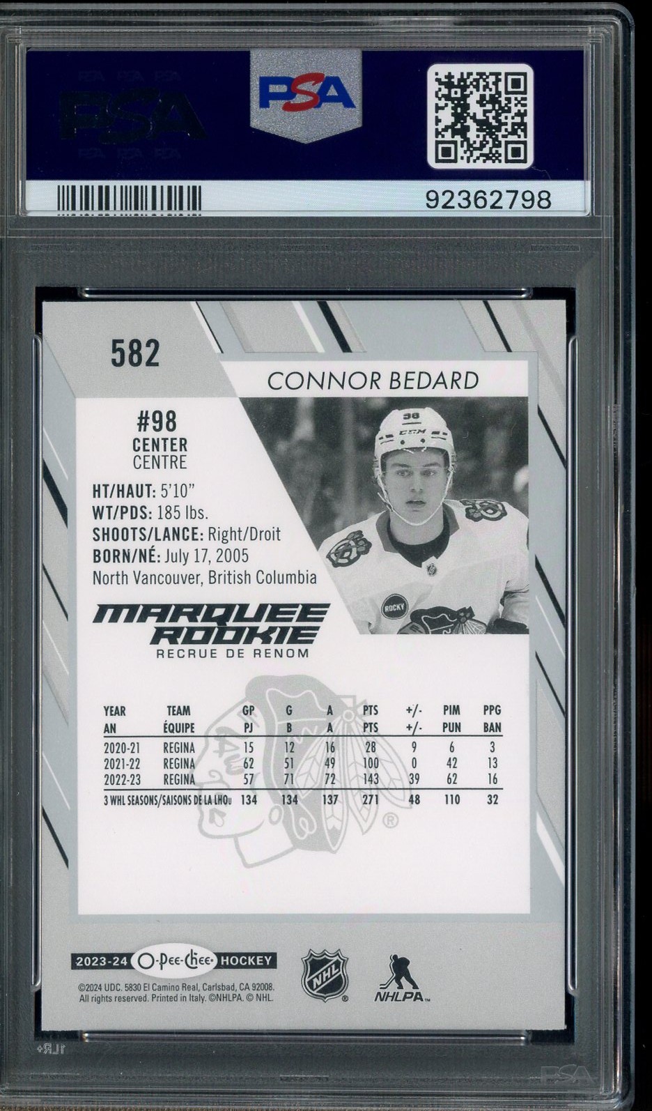 2023-24 O-PEE-CHEE OPC Hockey #582 Connor Bedard RC Rookie PSA 10 view 2