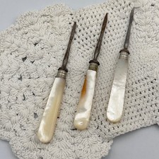 Antique Mother of Pearl Nut Picks Stilettos Set of 3 Victorian Shell Handles