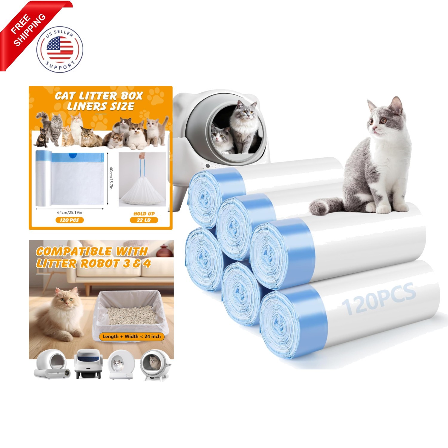 120 Pack Cat Litter Bags Compatible with Litter Robot 3 & 4, Self ...