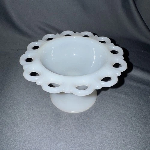 Vintage Milk Glass Scalloped Lace Edge Pedestal Candy Dish