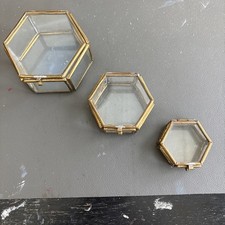 Brass  Glass Hexagonal Nesting Trinket Boxs Set Of 3 Hinged Lids Vintage Retro