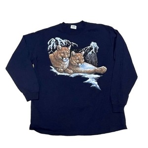 Vintage Natural Wonders Mens Mountain Lions Long Sleeve T-Shirt XL Navy Blue