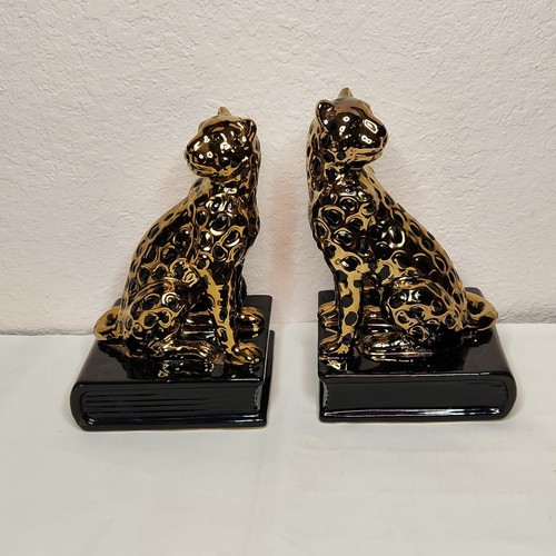 PAIR Rare Gold & Black Ceramic Leopard Big Cat Bookends Cheetah Jaguar Vintage - Picture 6 of 7