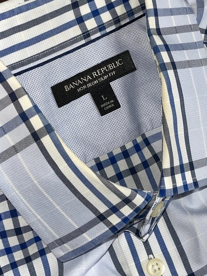 Banana Republic Shirt Mens Large Blue White Plaid Non-Iron Slim Fit Button Down - Image 3 of 4
