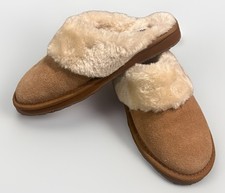 MINNETONKA Leather Upper Slides Slippers 40811 Tan Faux Fur Womens 7