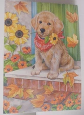 "Puppy In Fall Scene", (1) Leanin' Tree Thanksgiving Card, New With (1) Envelope