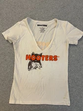 Hooters Employee Uniform Shirt  Women's XS White V Neck Owl Logo Front Back Top