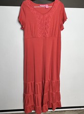 Woman Within Dress Womens M Red Embroidered Prairie Jersey Tiered Maxi Peasant
