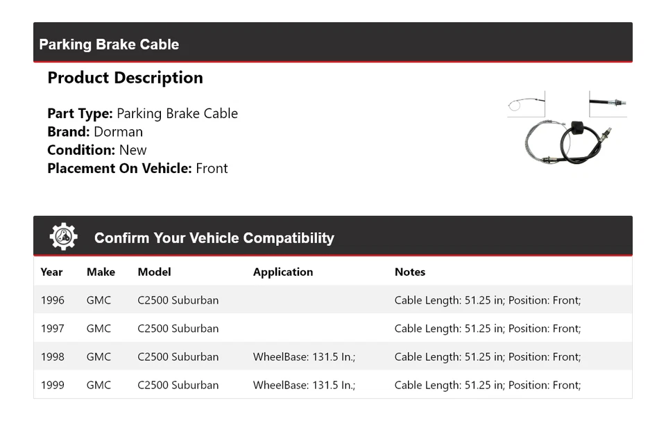 Cable de freno de estacionamiento delantero para GMC C2500 1996-1999 Suburban Dorman 1997 1998 Foto 2 de 4